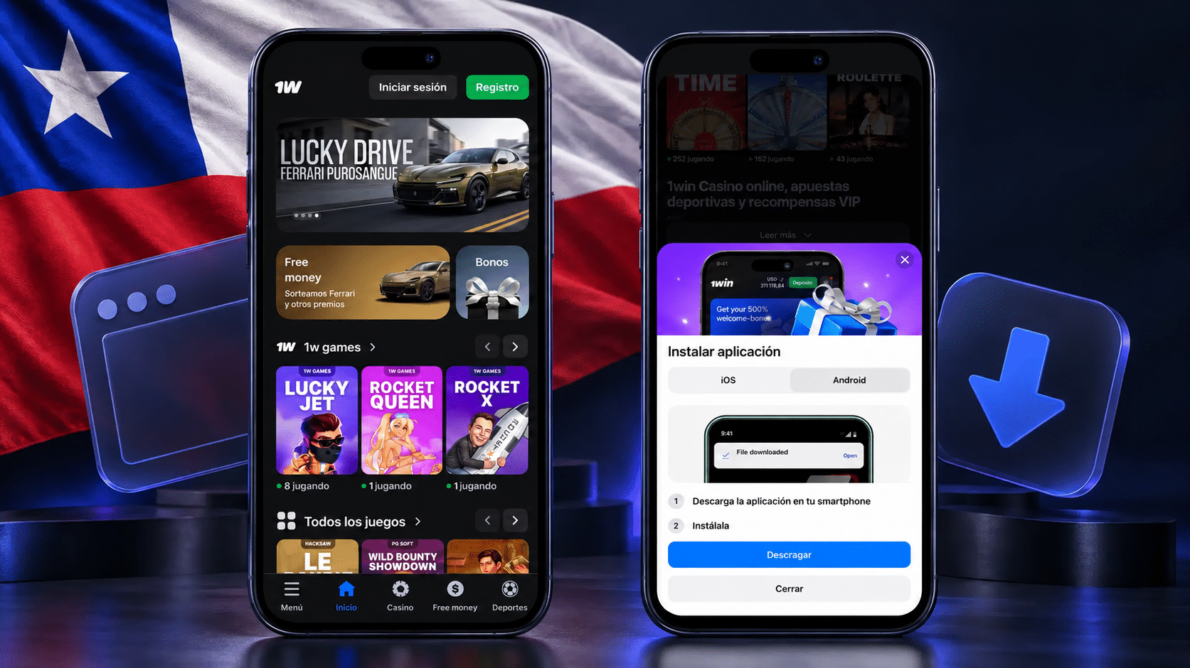 Aplicación y navegador de 1win en Chile en dos celulares