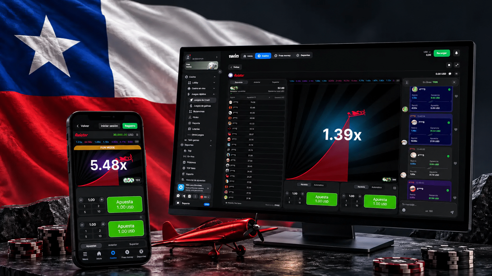 Aviator en 1win Chile en un celular y un monitor