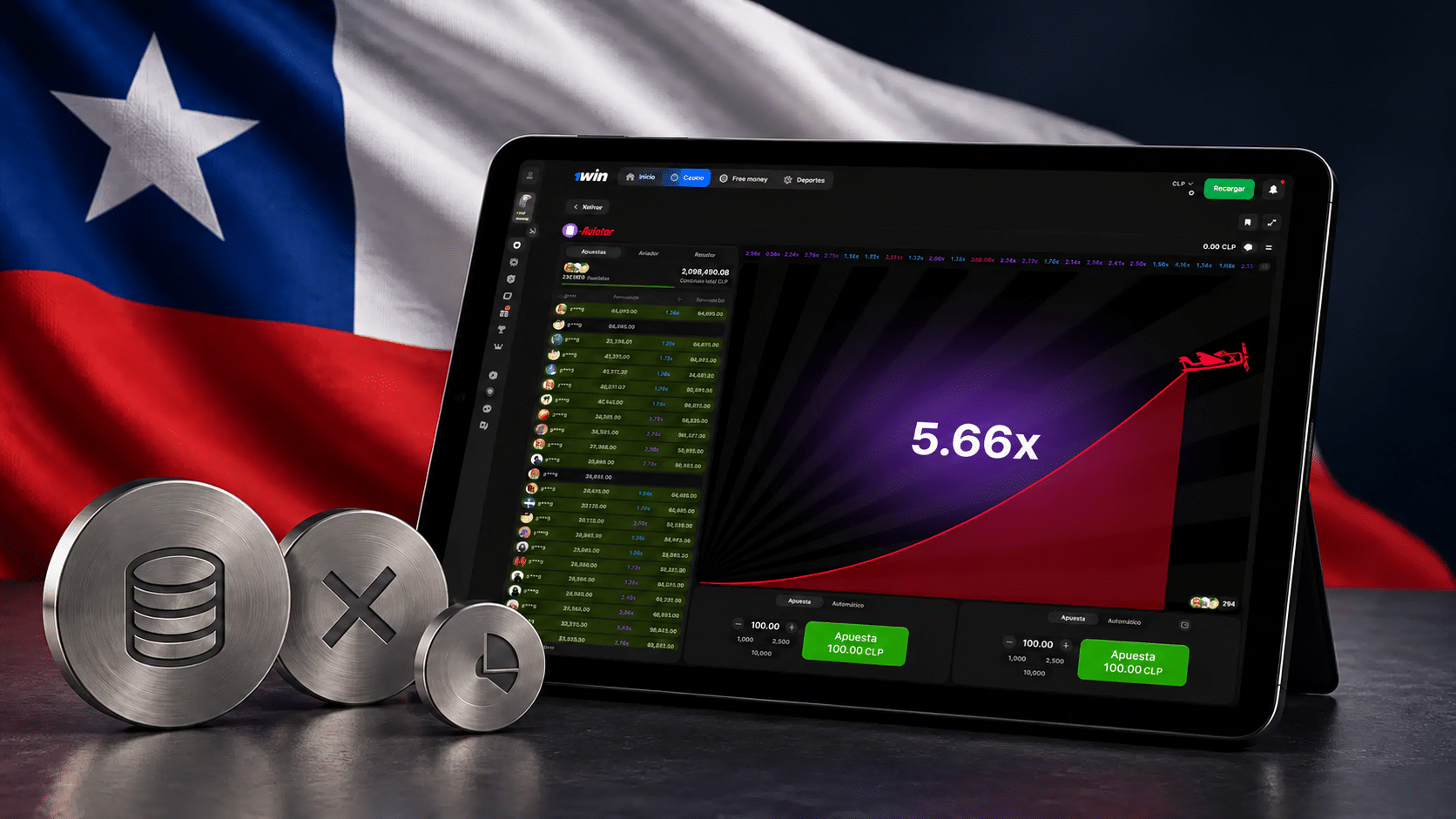 Multiplicador, pago total y resultado neto en Aviator Chile