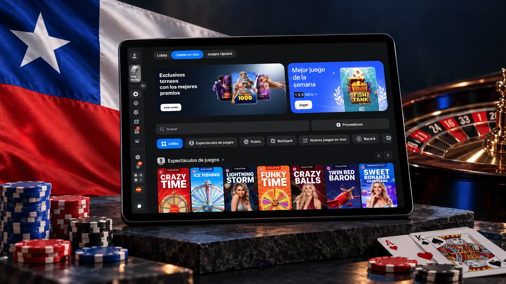 Catálogo de juegos y casino en vivo de 1win Chile en una tablet