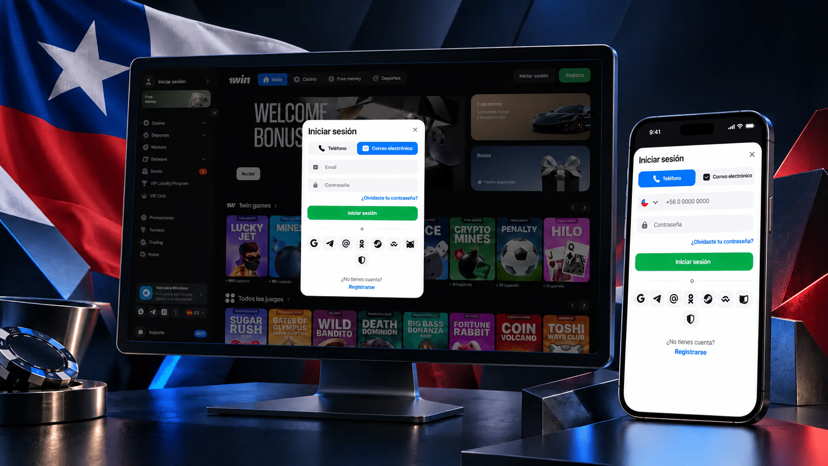 Acceso desde el celular y el computador en 1win Chile